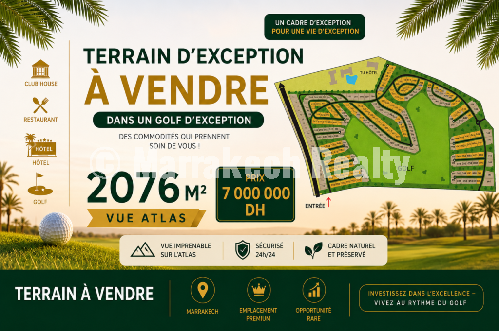 Terrain Premium Vue Atlas à Vendre dans un Golf d’Exception