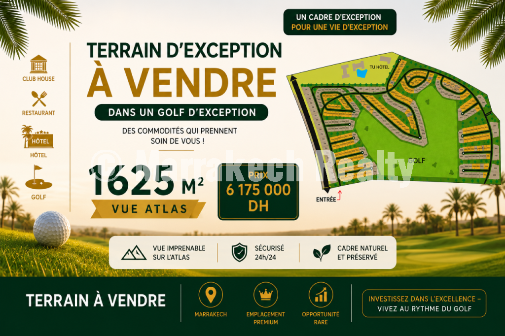 Terrain Premium Vue Atlas à Vendre dans un Golf d’Exception