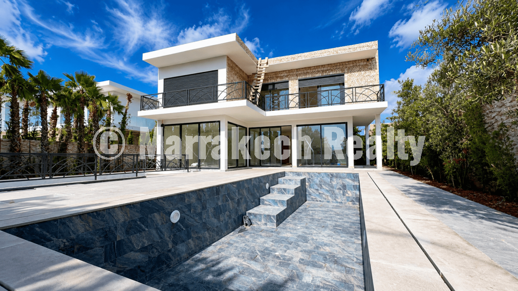 Villa contemporaine neuve à vendre à Essaouira – 3 chambres, piscine à débordement et vue forêt